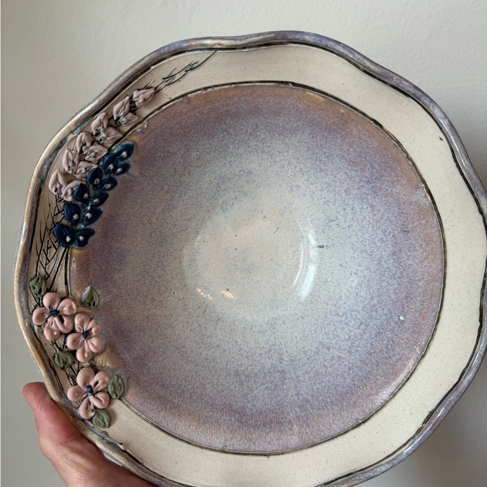 Vtg  Signed Studio Art Pottery Floral Scalloped Edge Handmade 8” Ceramic Bowl